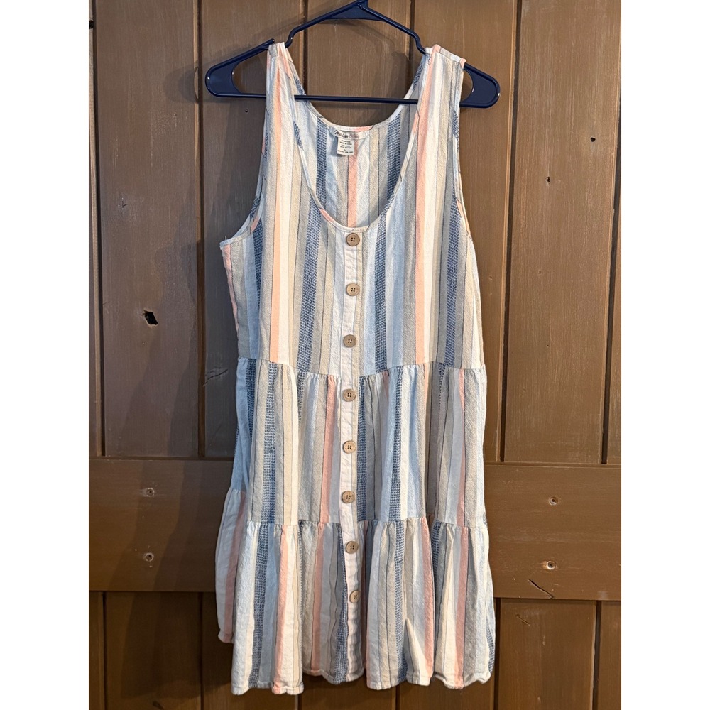 Marissa Olivia Womens L Linen Blend Striped Tiered Button Front Mini Dress Blue